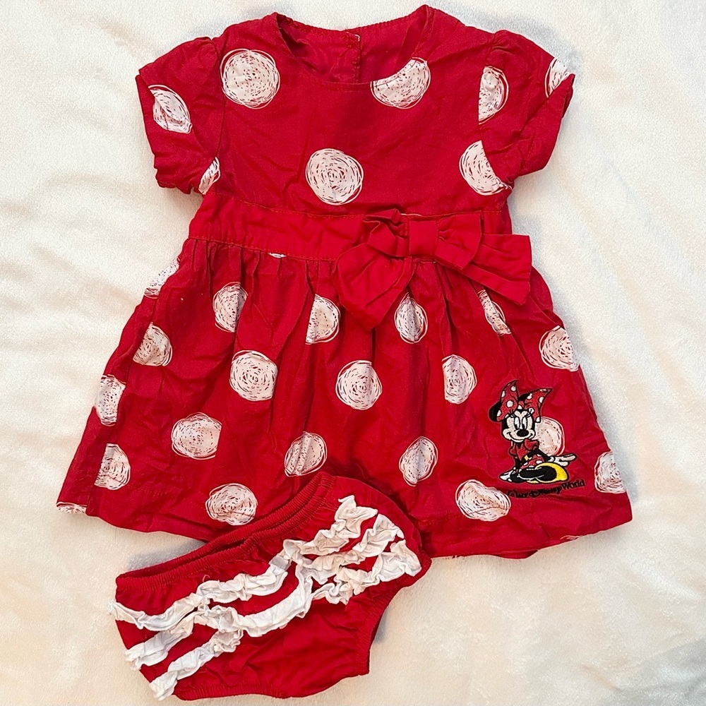 Disney Parks Minnie Mouse 2pc Outfit Red White Polka Dot Dress & Ruffle Brief 6M